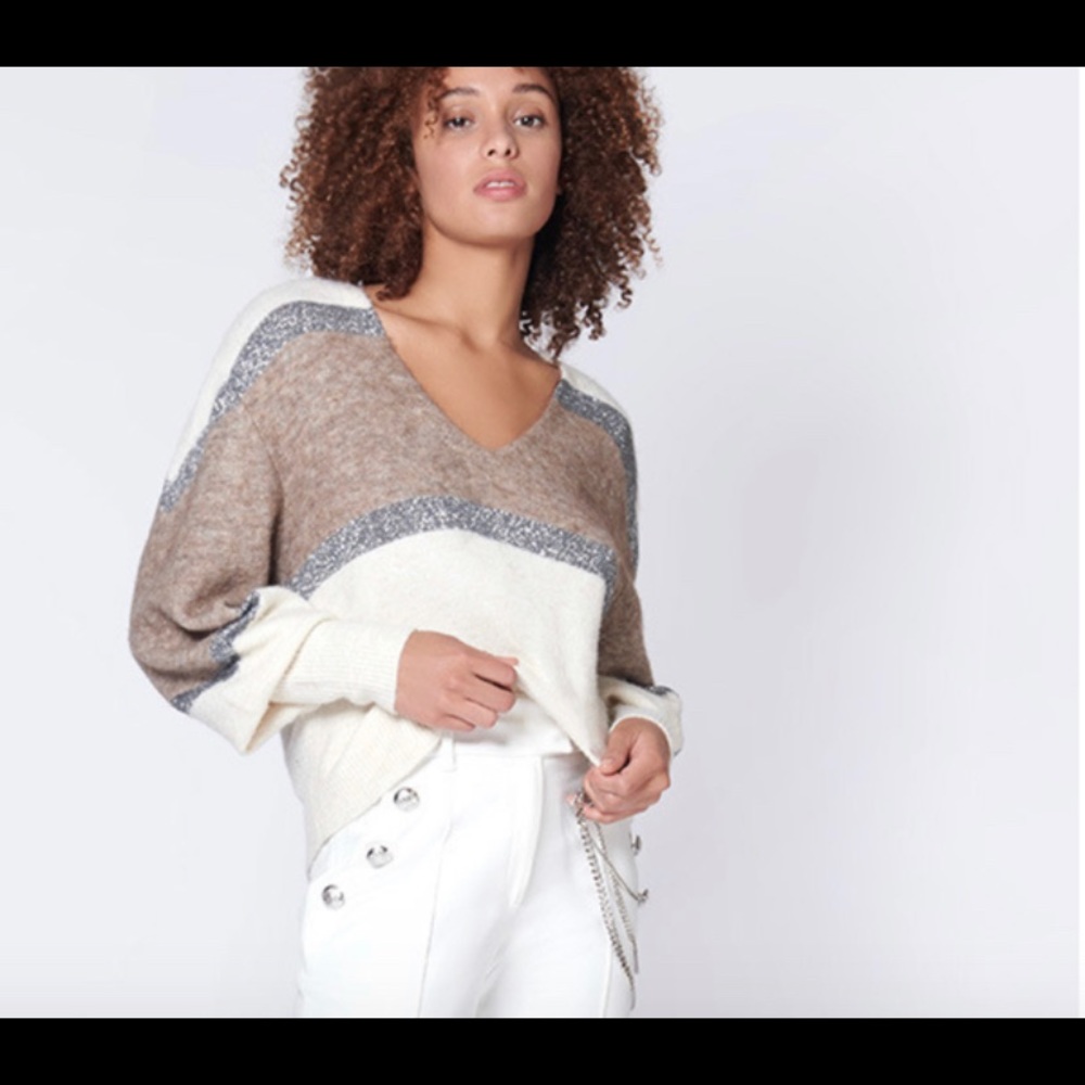 Veronica Beard V-Neck Sweater in Cream, Brown, and Gray